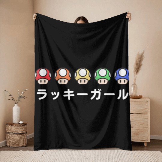 Lucky Girl Energy Japanese - Video Game Mushrooms Throw Blankets