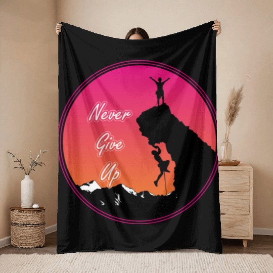 Never give up rock climbing Throw Blankets