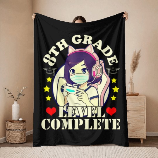 8th Grade Graduation Girl Loves Anime Gaming Face Throw Blankets