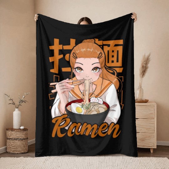 Kawaii Ramen Anime Girl Japanese Noodle Food Throw Blankets
