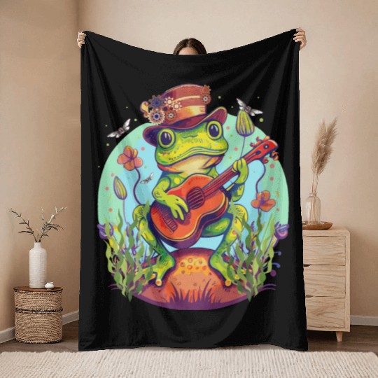 Cottagecore Steampunk Guitarist Frog Dark Academia Throw Blankets