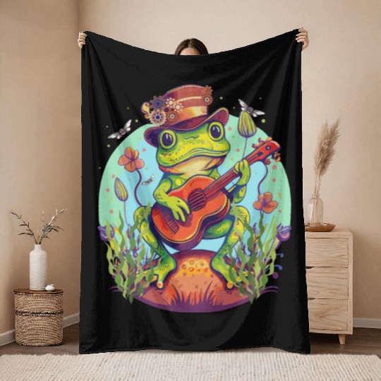 Cottagecore Steampunk Guitarist Frog Dark Academia Throw Blankets