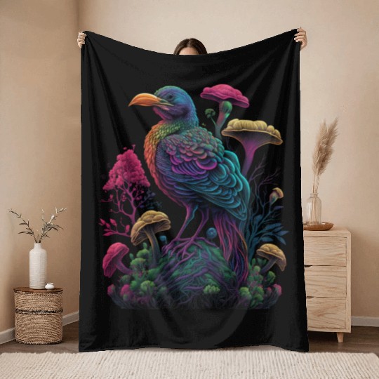 trippy patterns psychedelic Mushroom phoenix bird Throw Blankets