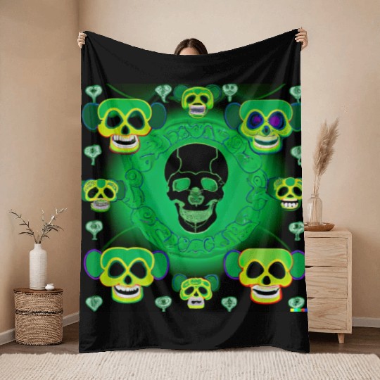 Psychedelic Green St Patrick’s Day Skulls Throw Blankets