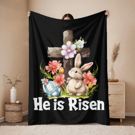 He Is Risen Cute Bunny Christianity Cross Throw Blankets