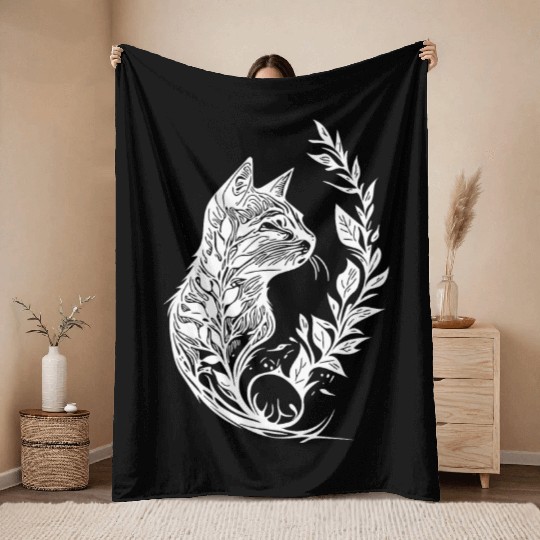 Cute Little Cat In Nature Tattoo Style Throw Blankets