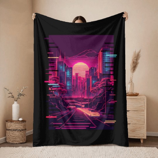 Japanese Vaporwave City Tokyo Urban Futurism Aesth Throw Blankets