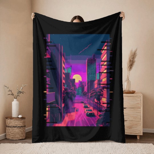 Japanese City Indie Aesthetic Glitch Art 80s 90s V Throw Blankets