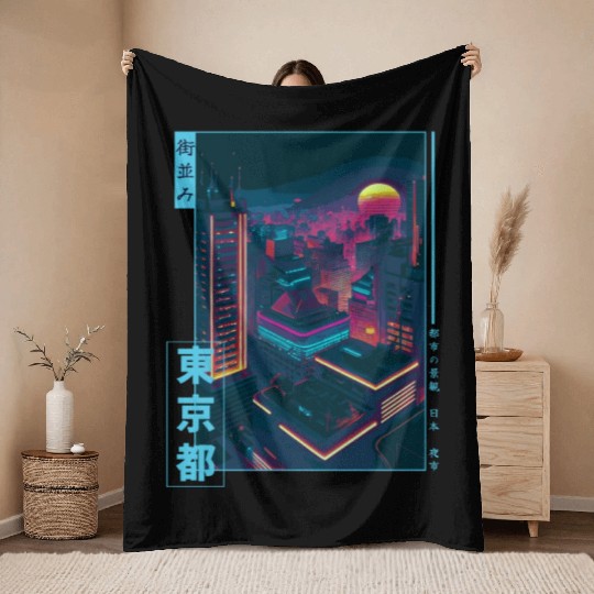 Retro Futurism Japanese Vaporwave City Tokyo Aesth Throw Blankets