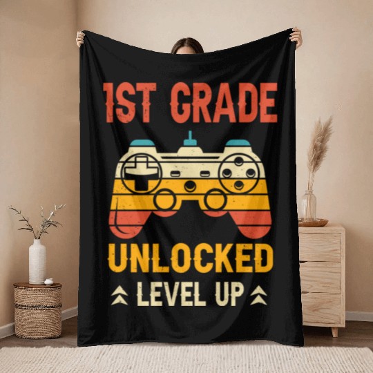 1st Grade Unlocked Level Up Video Gamer Back Throw Blankets