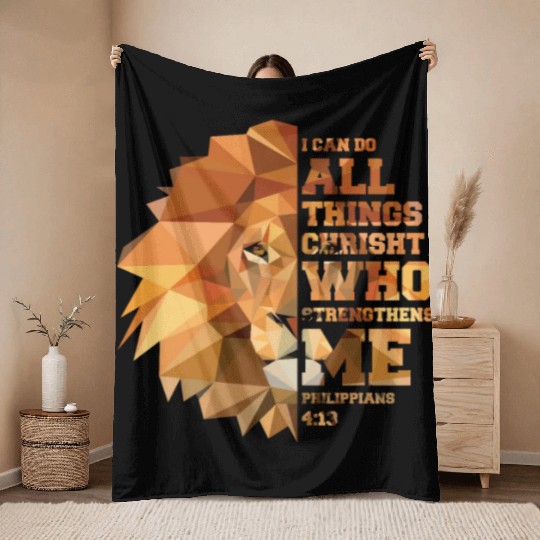 Philippians 4 13 Christian Bible Verse Lion Head Throw Blankets