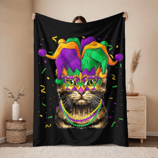 Cat Animal Lover Cute Mardi Gras Carnival Jester Throw Blankets