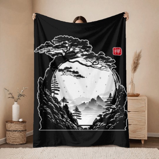 Japanese Zen Circle Landscape Buddhism Bonsai Tree Throw Blankets