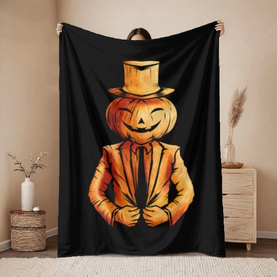 Realistic Jack O Lantern Pumpkin Man In Suit Throw Blankets