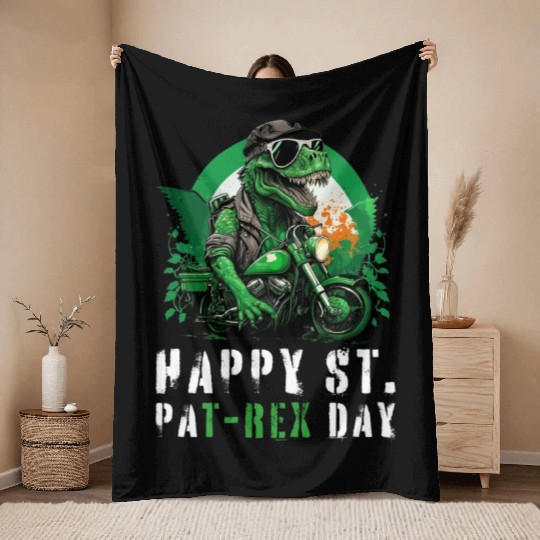 Happy St PaT-Rex Dinosaur Saint Patricks Day Biker Throw Blankets