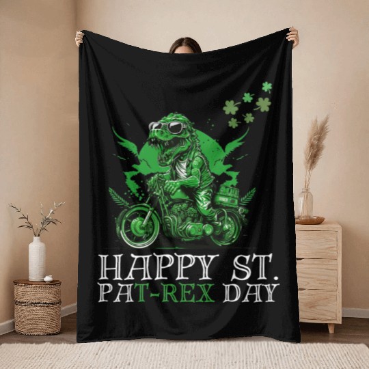 Happy St PaT-Rex Dinosaur Saint Patricks Day Biker Throw Blankets