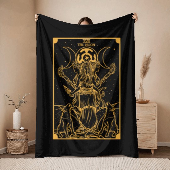 The Goddess Hecate in The Moon Tarot Card (Gold) Throw Blankets