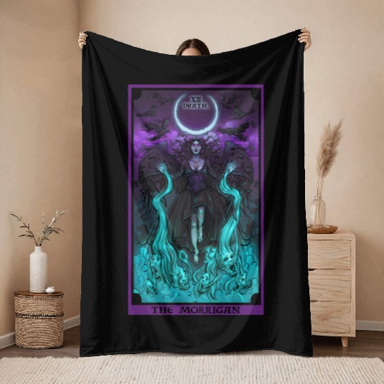 The Goddess Morrigan in Death Tarot Card Throw Blankets