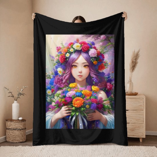 Spring Girl with a bouqet of flowers garland #4 Throw Blankets