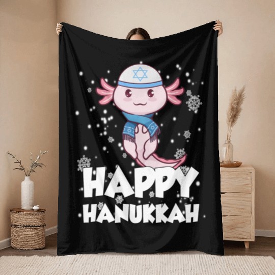 Happy Hanukkah Axolotl Kawaii Cute Axolotl Lover Throw Blankets