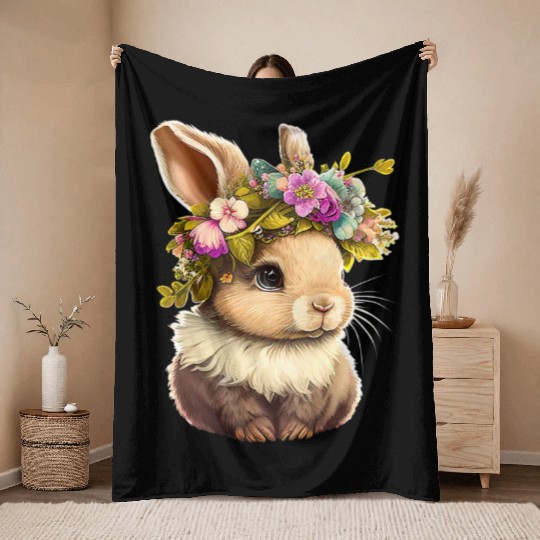 Easter Bunny Rabbit Women Happy Bunny Flower Grap Throw Blankets