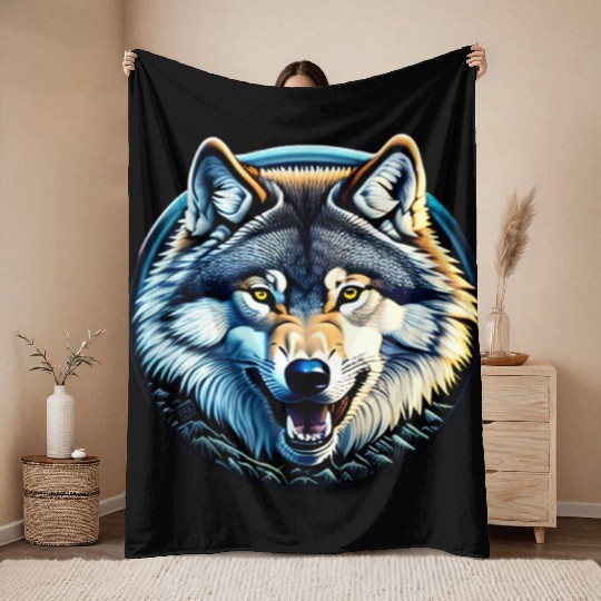A fierce wolf howling at the moon Throw Blankets