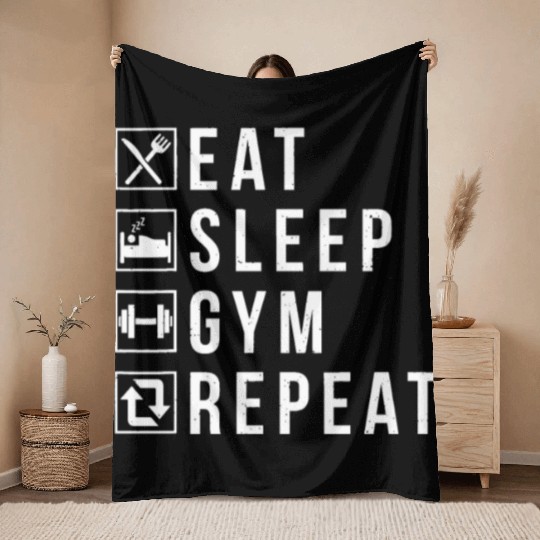 Eat Sleep Gym Repeat Funny Workout Maniac Bodybuil Throw Blankets