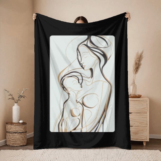 Black, Gold & White Abstract Mother & Daughter Throw Blankets