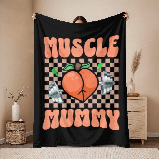 Muscle Mommy Gym Bodybuilder and Weightlifting Gif Throw Blankets