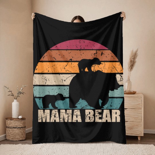 Retro Mama Bear of Twins Mother's Day Throw Blankets