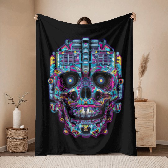 Psychedelic Robot Skull Throw Blankets