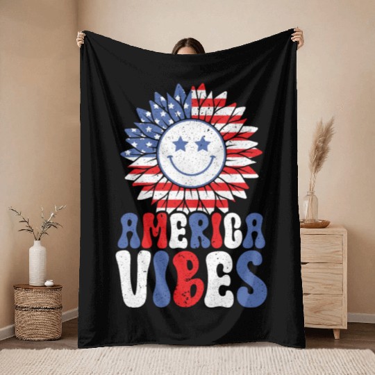 America Vibes USA Flag 4th Of July American Throw Blankets