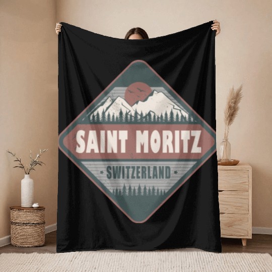 Saint Moritz Switzerland Vintage Hiking Design Throw Blankets