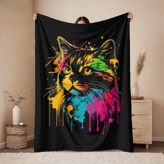 realistic cat meow outline wpap colorful Throw Blankets