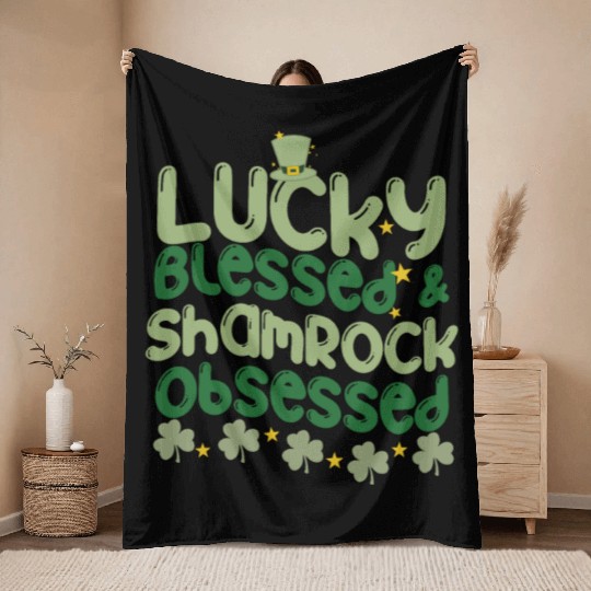 Lucky Blessed & Shamrock Obsessed Throw Blankets