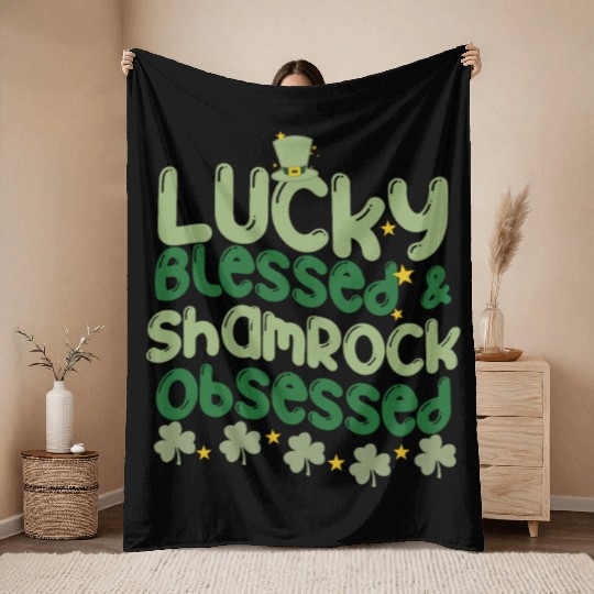 Lucky Blessed & Shamrock Obsessed Throw Blankets