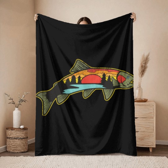 Trout Fishing Angler Nature Trout Bass Throw Blankets