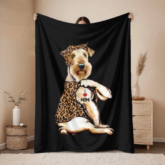 Airedale Terrier I Love Mom Tattoo Leopard Mothers Throw Blankets