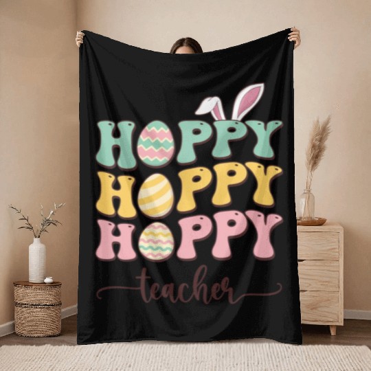Easter Teacher Bunny Happy Easter Egg Retro Girl Throw Blankets
