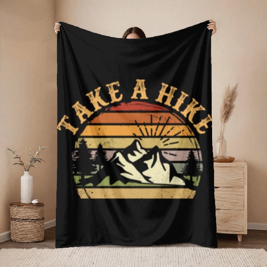 Take A Hike Retro Hiker Outdoors Camping Nature Throw Blankets