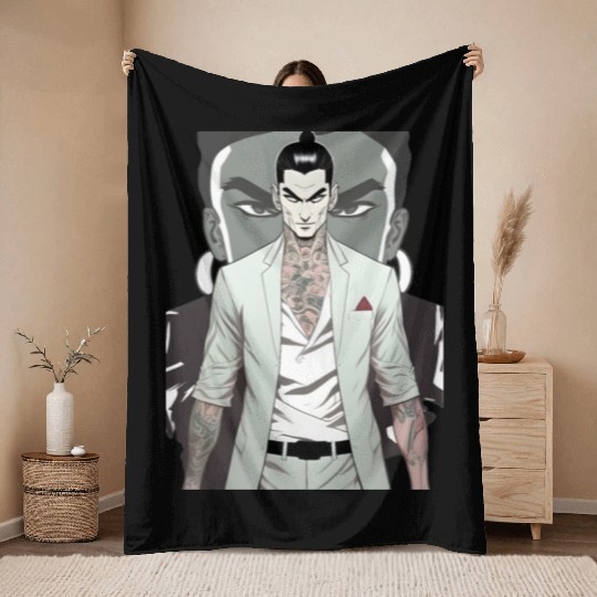 Japan Yakuza Greeny Face Throw Blankets