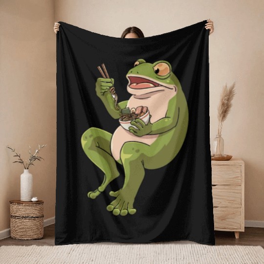 Toad Frog eating Ramen Soup Design for a Frog Throw Blankets