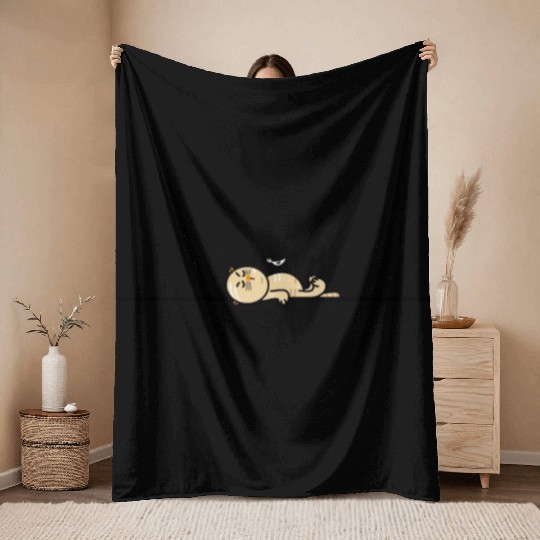 Funny cat with seagull Throw Blankets