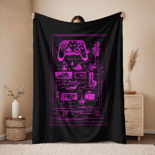 Neon Pink Video Game Controller Blueprint Throw Blankets