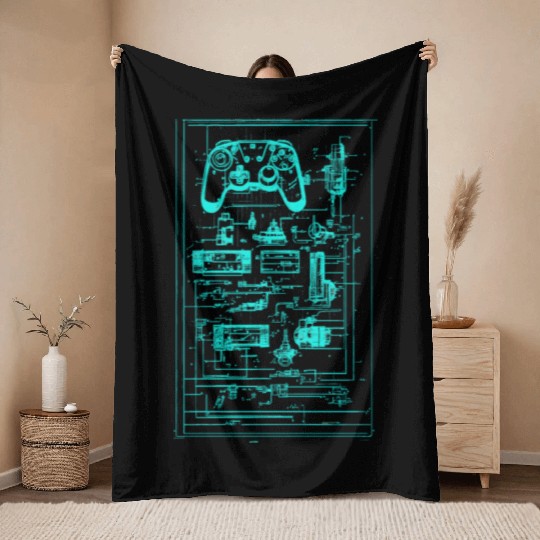 Neon Teal Video Game Controller Blueprint Throw Blankets