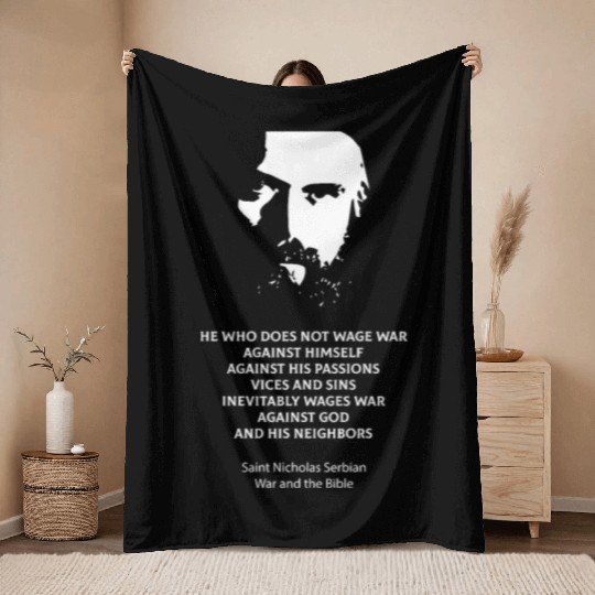 Saint Nicholas Serbian on the metaphysics of war Throw Blankets