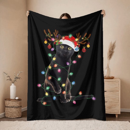 Reindeer Black Cat Christmas Lights Funny Cat Lov Throw Blankets