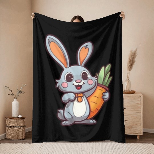 Carrot-Loving Easter Bunny: Cute 2D Design Throw Blankets