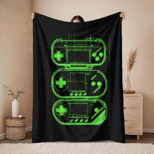 Green Handheld Gaming Blueprint Throw Blankets