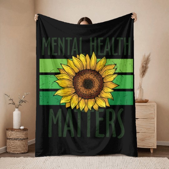 Mental Health Matters Green Sunflower Throw Blankets